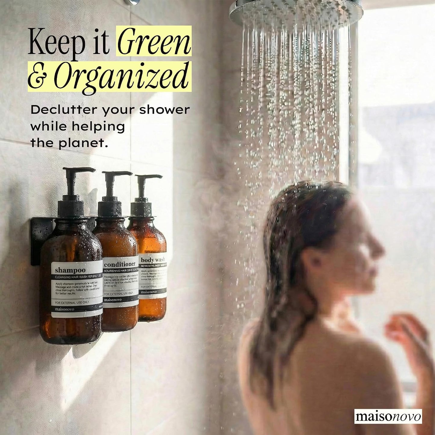 MaisoNovo Shampoo and Conditioner Dispenser|Refillable Black Set of 3 | 500 ml Shower Gel Dispenser Set of 3. Refillable Shampoo and Conditioner Bottles. Drill Free Secure Design. Black