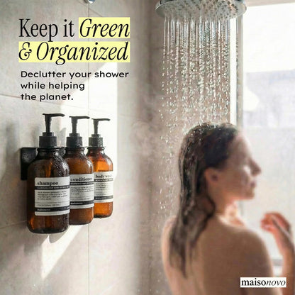 MaisoNovo Shampoo and Conditioner Dispenser|Refillable Black Set of 3 | 500 ml Shower Gel Dispenser Set of 3. Refillable Shampoo and Conditioner Bottles. Drill Free Secure Design. Black