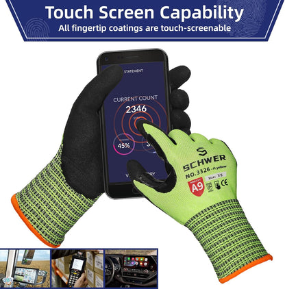 Schwer ProGuard High Level Cut Resistant Work Gloves for Extreme Protection, ANSI A9 Cut Gloves with Reinforced Thumb, Non Slip, Breathable, Durable, Touch-screen, Black 1 Pair（L 3326