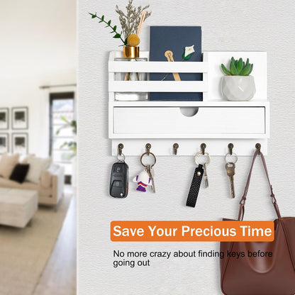 dreampossible Key and Mail Holder for Wall, Mail Organizer Wall Mount with 6 Hooks and Storage Drawer, Wooden Key Rack Hanger with Shelf for Entryway and Home Decor