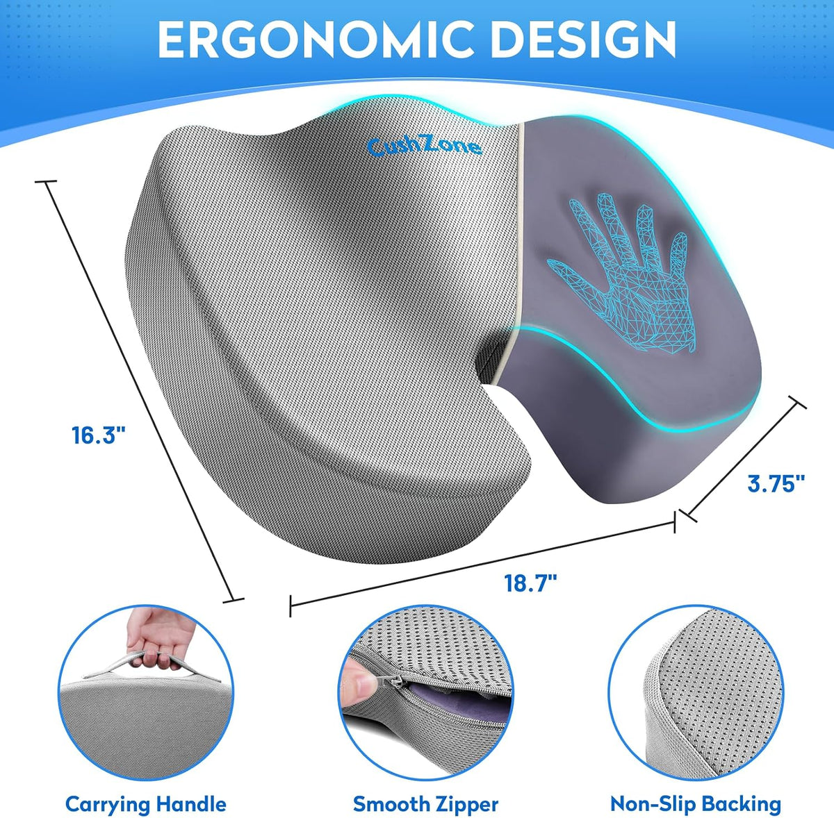 CushZone Seat Cushion Memory Foam Chair Pad for Office & Car, Black
