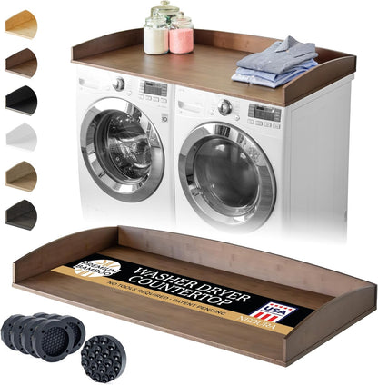 Nedura Washer Dryer Countertop with Anti-Vibration Pads, Curved Edge Rails, Premium Bamboo Laundry Countertop, Washer Dryer Topper, Laundry Room Organization, Laundry Room Accessory – Dark Walnut