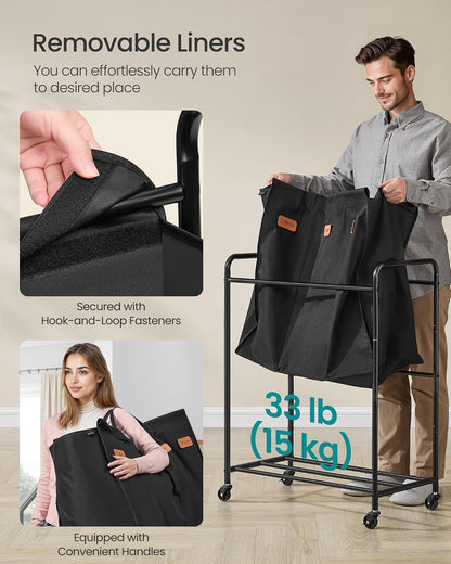 SONGMICS 2-Section Laundry Sorter, Laundry Hamper with Wheels, Rolling Clothes Hamper Cart with Large Capacity and Removable Bags, for Laundry Room, Bedroom, Bathroom, Ink Black URLS210B01 | Rolling Clothes Hamper Cart, Large Capacity, for Laundry Room,