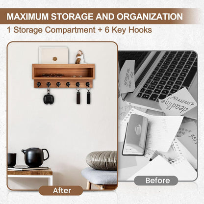 Key and Mail Holder Wall Mount with Long Storage Box and 6 Hooks | Key Holder For Coat, Dog Leash, Home Decor Rack, Entry Way Organizer