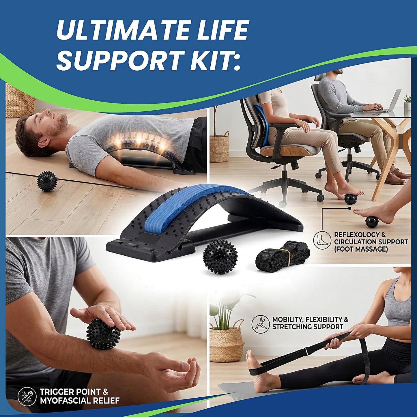 Back Stretcher for Lower Back Pain Relief with Massage Ball & Support Belt, Multi-Level Adjustable Arch Lumbar Back Cracker Board, Spine Decompression & Posture Support Back Massager