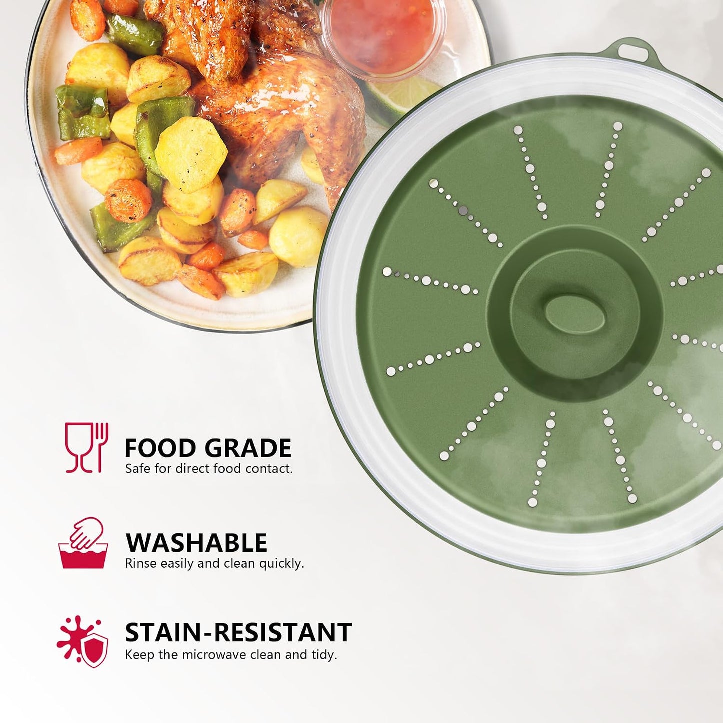 WVM Microwave Splatter Cover Vented for Food with Hook Hole, Splatter Guard & Colander Kitchen Gadget for Food, Meal Prep, Grey