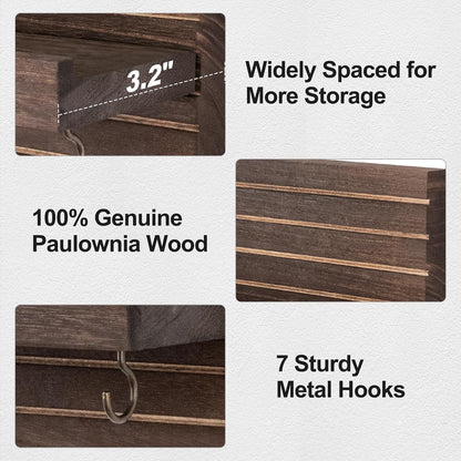 Lwenki Decorative Key Holder for Wall with Shelf, Entryway Shelf with Hooks Holds Leashes, Jackets and Glasses – Sturdy Wood Keyholder Entrance Hanger with Mounting Hardware (Black, Medium)