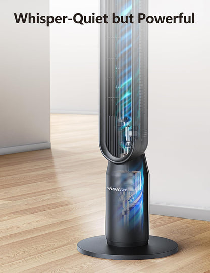VAGKRI Tower Fan for Bedroom, 42 Inch Quiet Floor Fan with 135° Vertical 90°Oscillation Fans for Indoors, 4 Modes, 4 Speeds, 15H Timers Standing Bladeless Fans with Remote Black