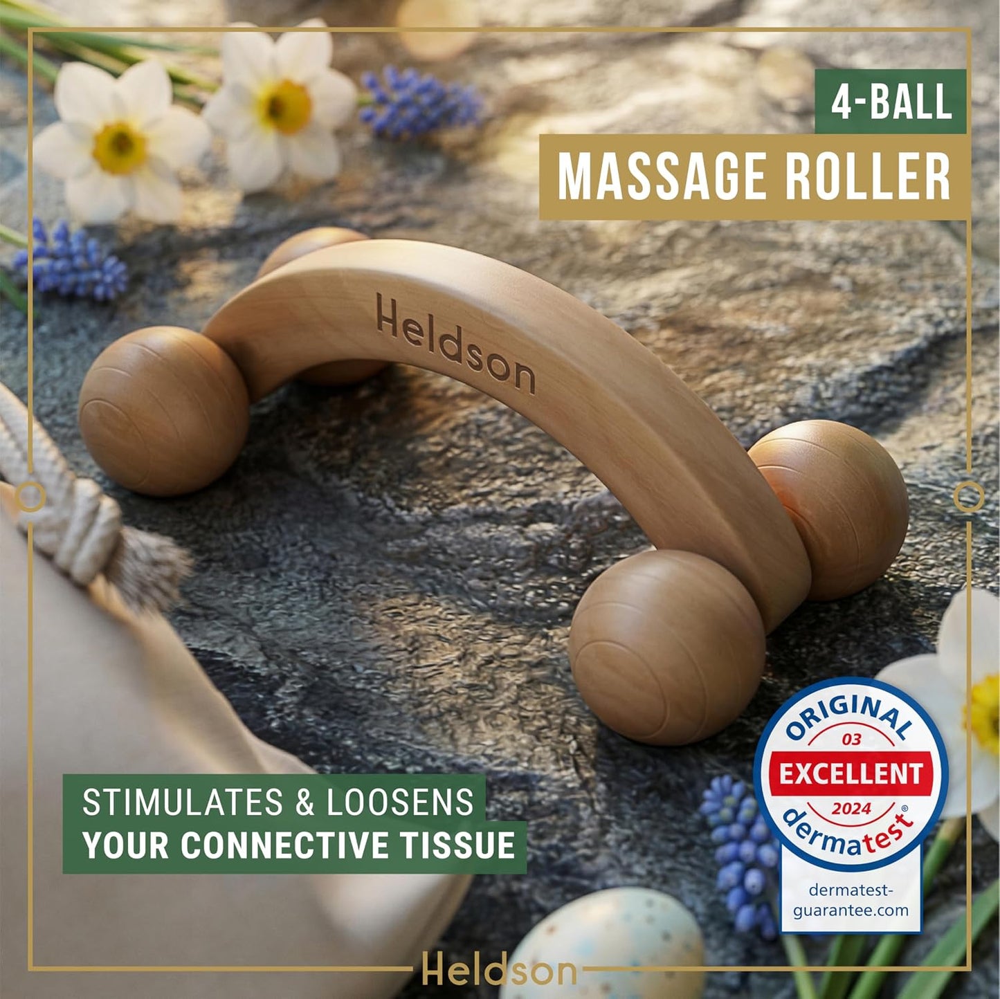 Wooden Massage Set 6 Pcs – Wood Therapy & Trigger Point Tools | Dermatest "excellent", FSC 100% wood, foot roller, back & body massager, incl. reflexology charts & cotton bag