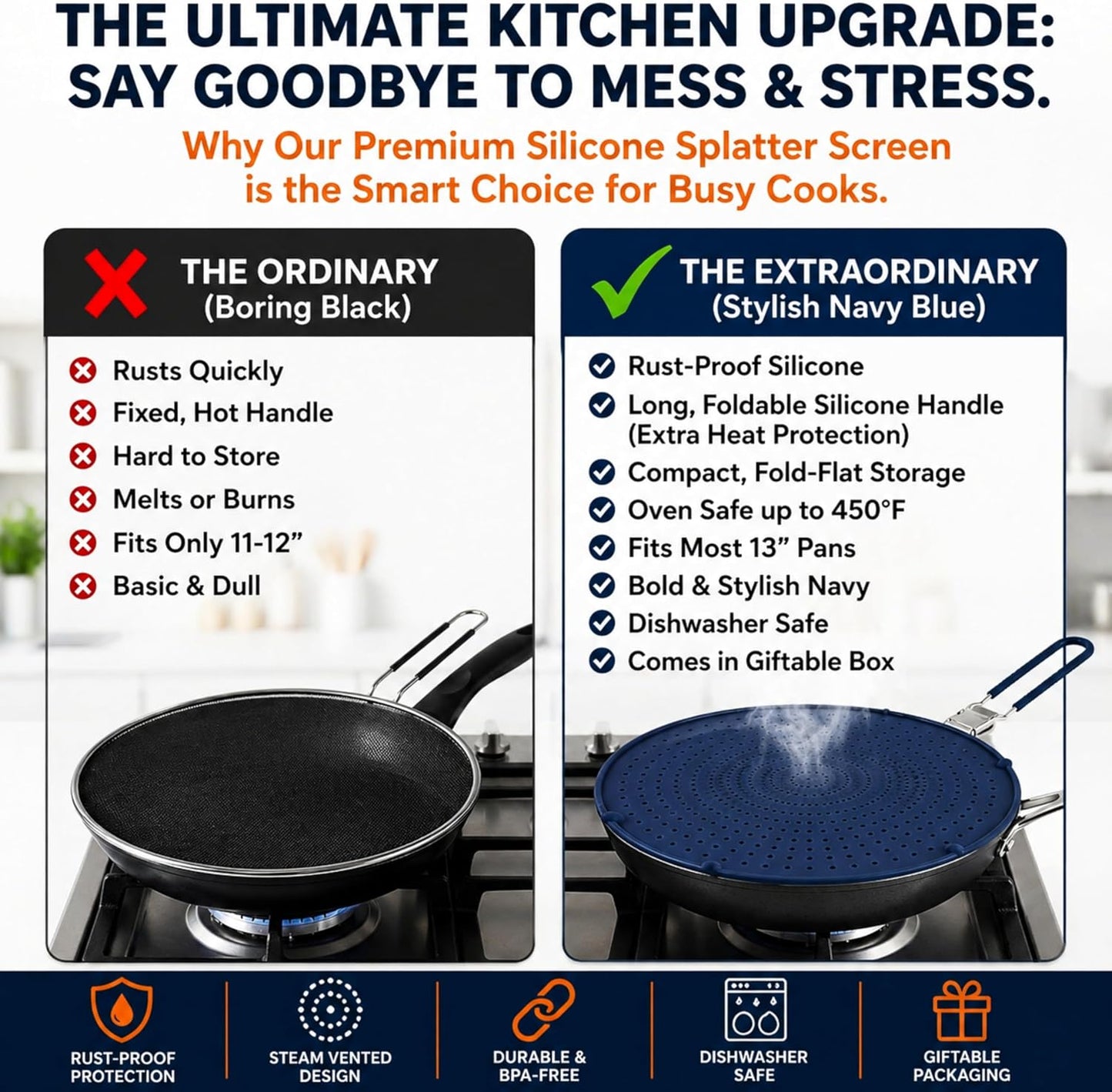 Silicone Splatter Screen for Frying Pan, 13” Navy – Grease & Oil Splatter Guard, Heat Resistant, Dishwasher Safe, Foldable Handle with Sleeves – Splash Guard Fits 10–12” Pans, Most 13” Skillets