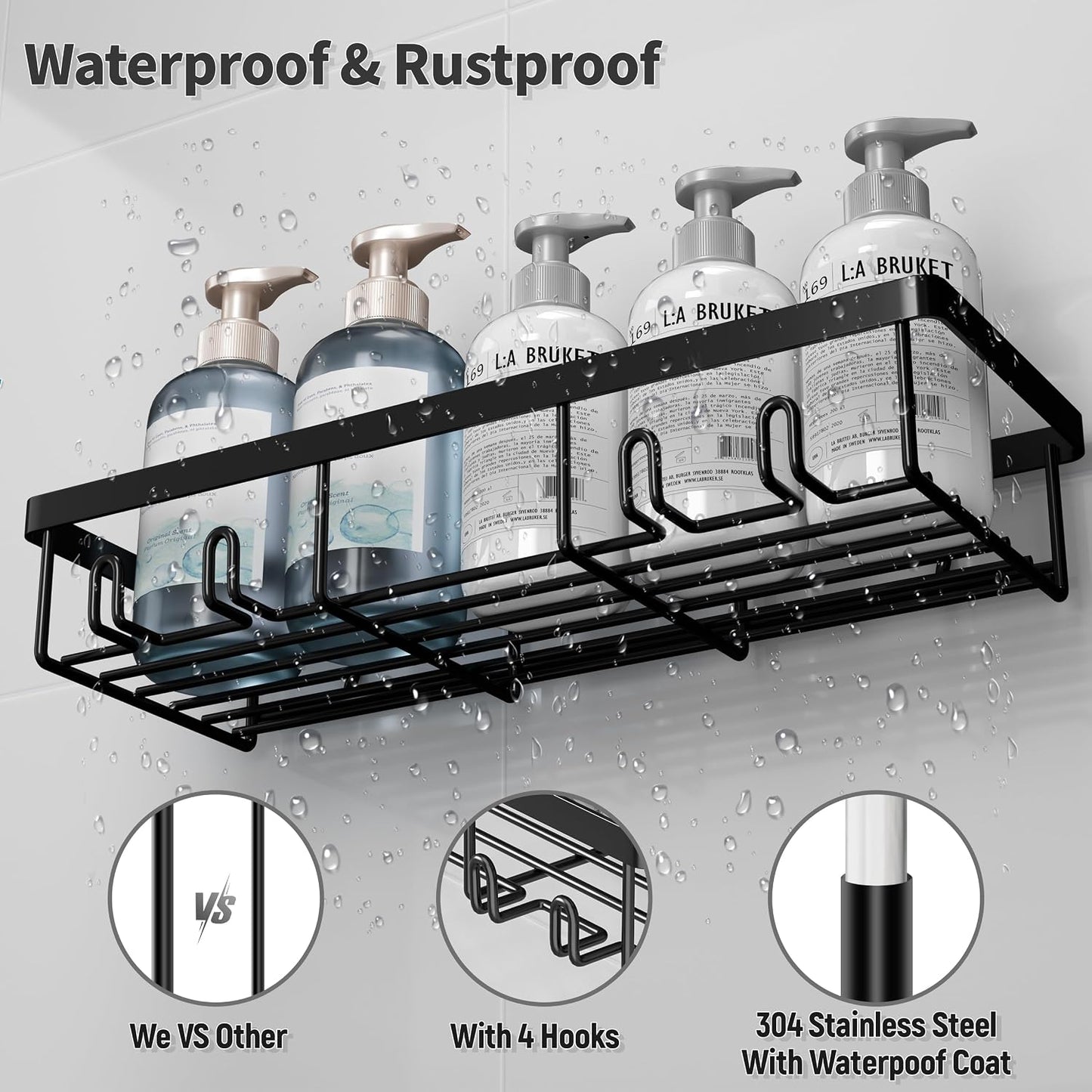 Liuoud 5 Pack Shower Caddy for Inside Shower, Gold Bathroom Storage Decor | Large Rustproof Stainless Steel Organizer with Strong Adhesive, No Drilling Wall Mounted Shelves, Bathroom Accessory Set