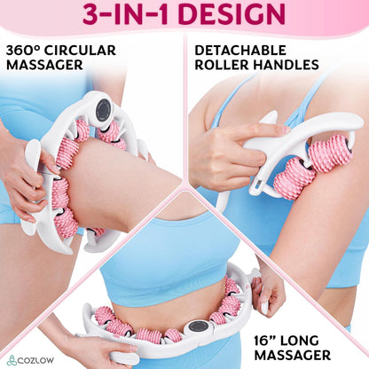 COZLOW Cellulite Massage Roller - Pink - Anti-Cellulite Massager with Detachable Roller Handles for Thighs, Legs & Buttocks - Fascia Massage Tool for Lymphatic Drainage & Deep Tissue Therapy