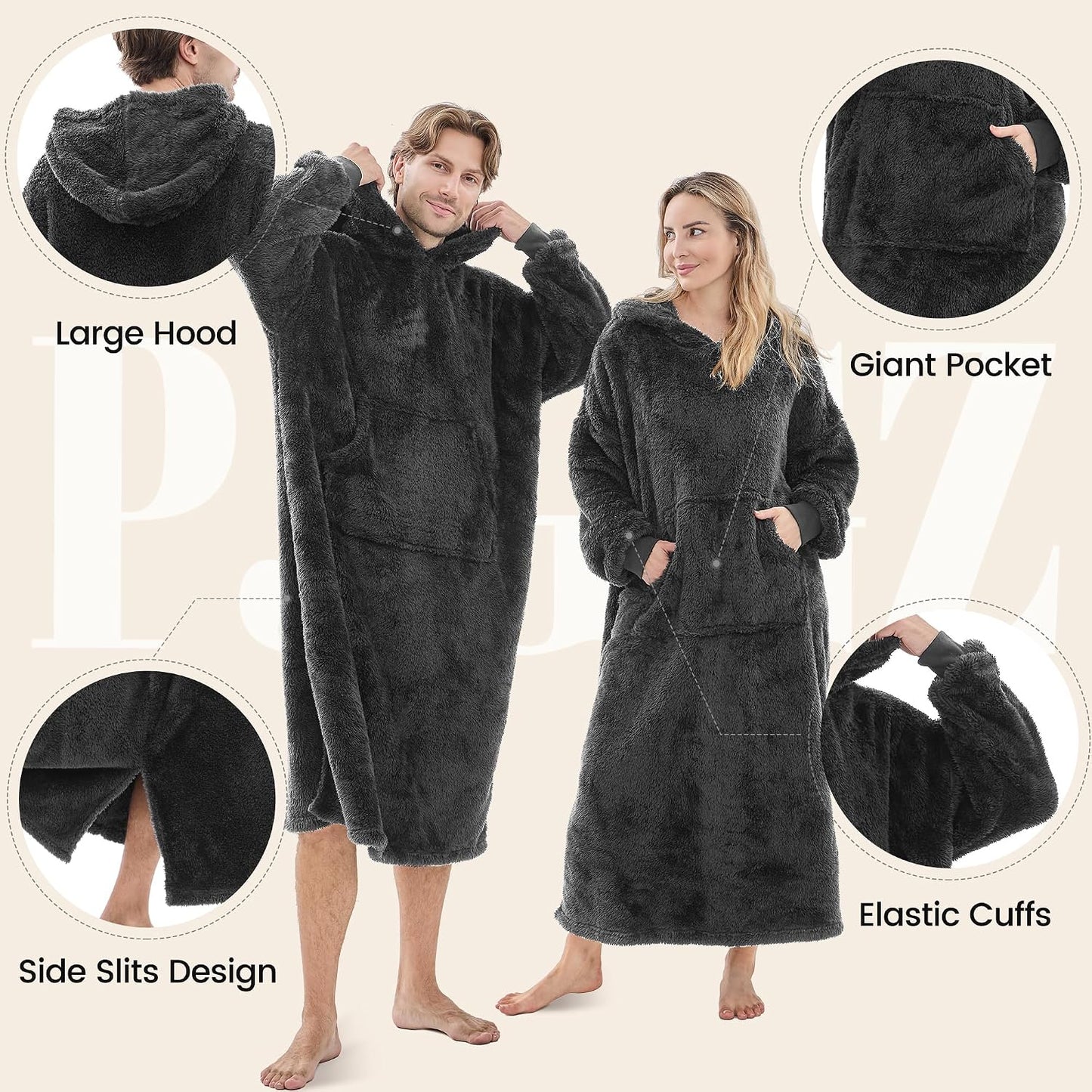 PJGGZ Wearable Blanket Hoodie for Women Men, Fleece Warm Comfy Hooded Sweatshirt with Pockets & Sleeves Cozy Gift for Adult