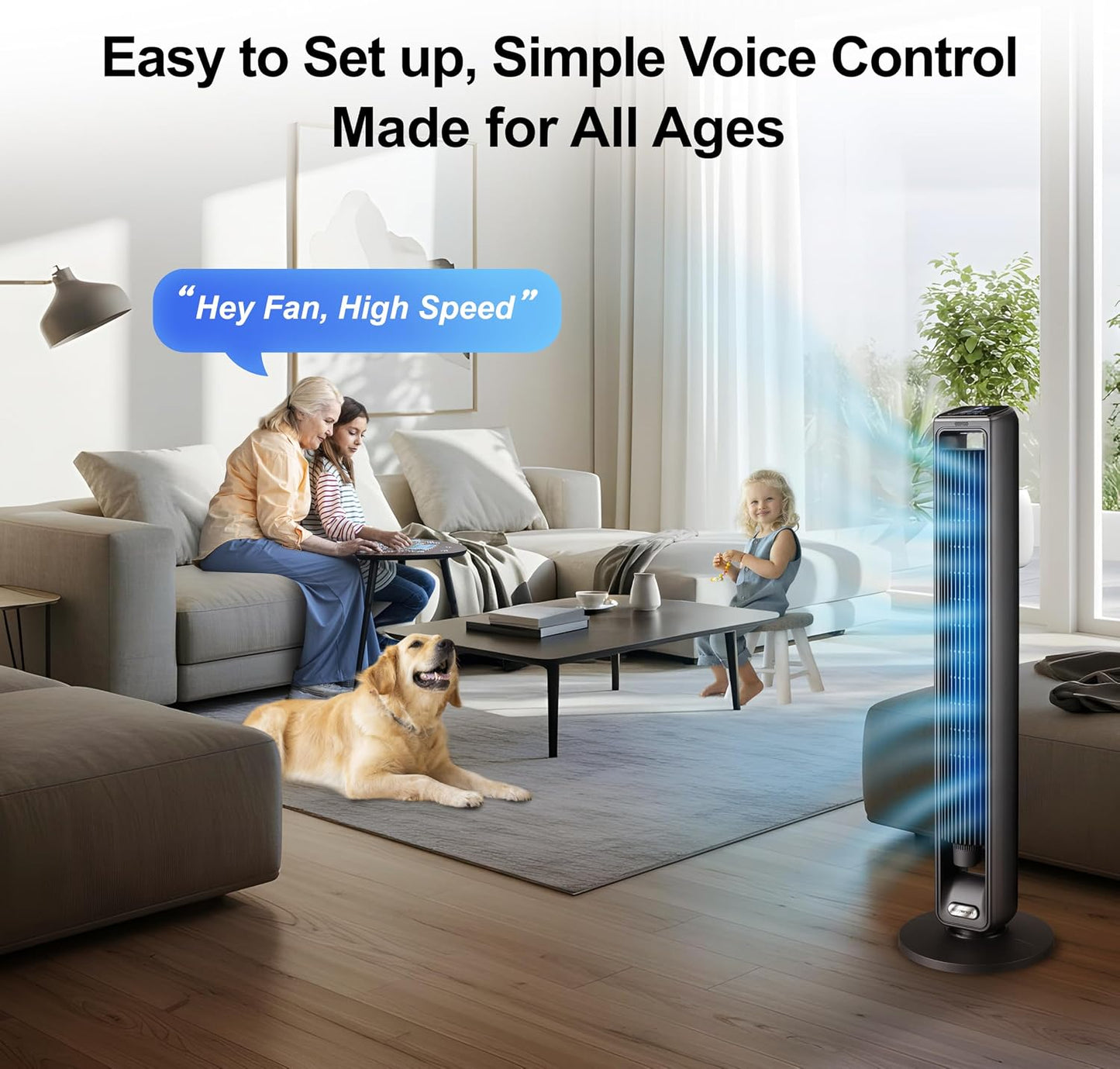 Emerson SmartVoice 40” Tower Fan, Wi-Fi-free Voice Control Fan, Hands-Free Cooling, No WiFi, No App, 70° Oscillation, 3 Speeds, 15-Hr Timer, Sleep Mode & Remote Control