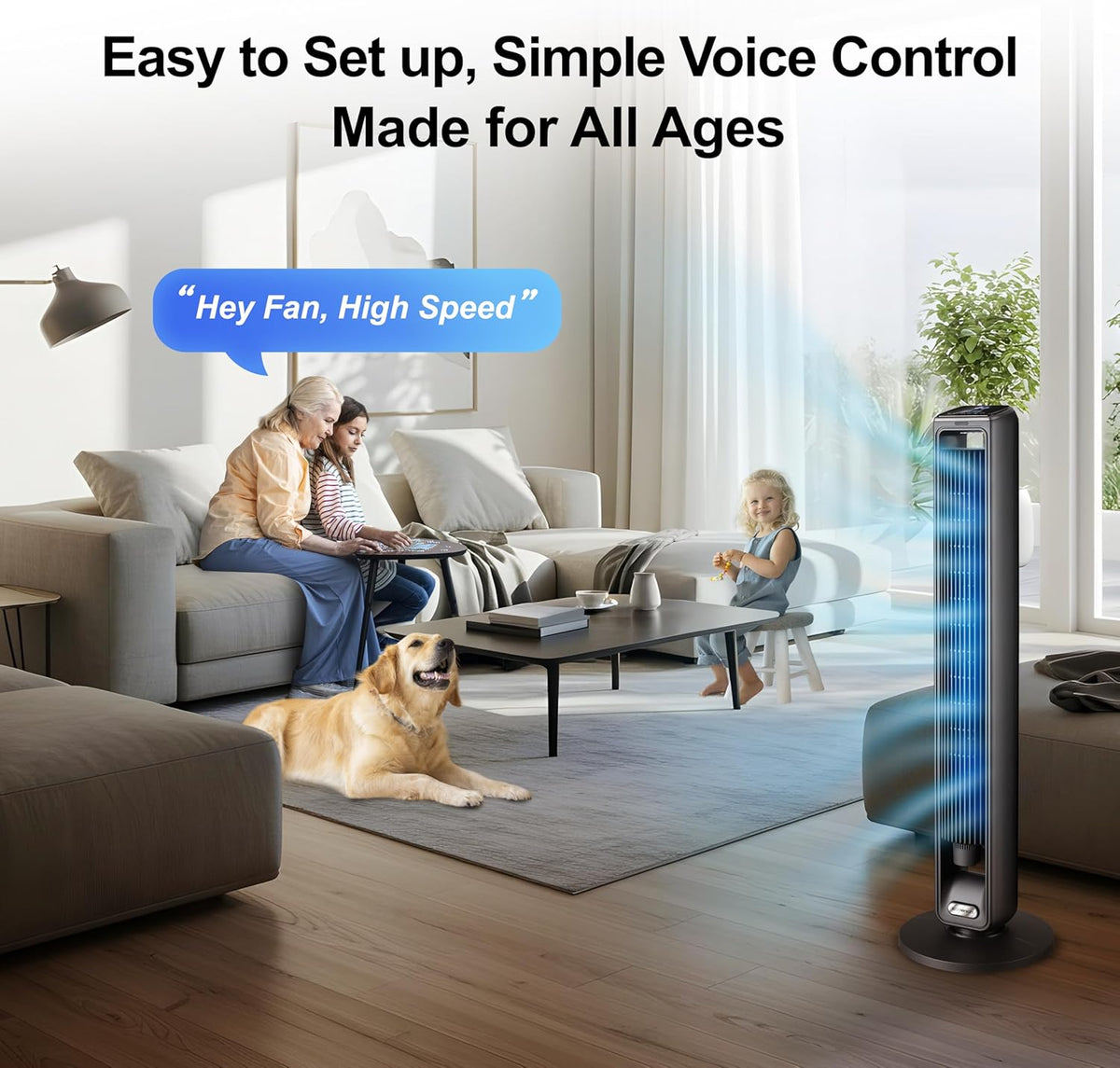 Emerson SmartVoice 40” Tower Fan, Wi-Fi-free Voice Control Fan, Hands-Free Cooling, No WiFi, No App, 70° Oscillation, 3 Speeds, 15-Hr Timer, Sleep Mode & Remote Control