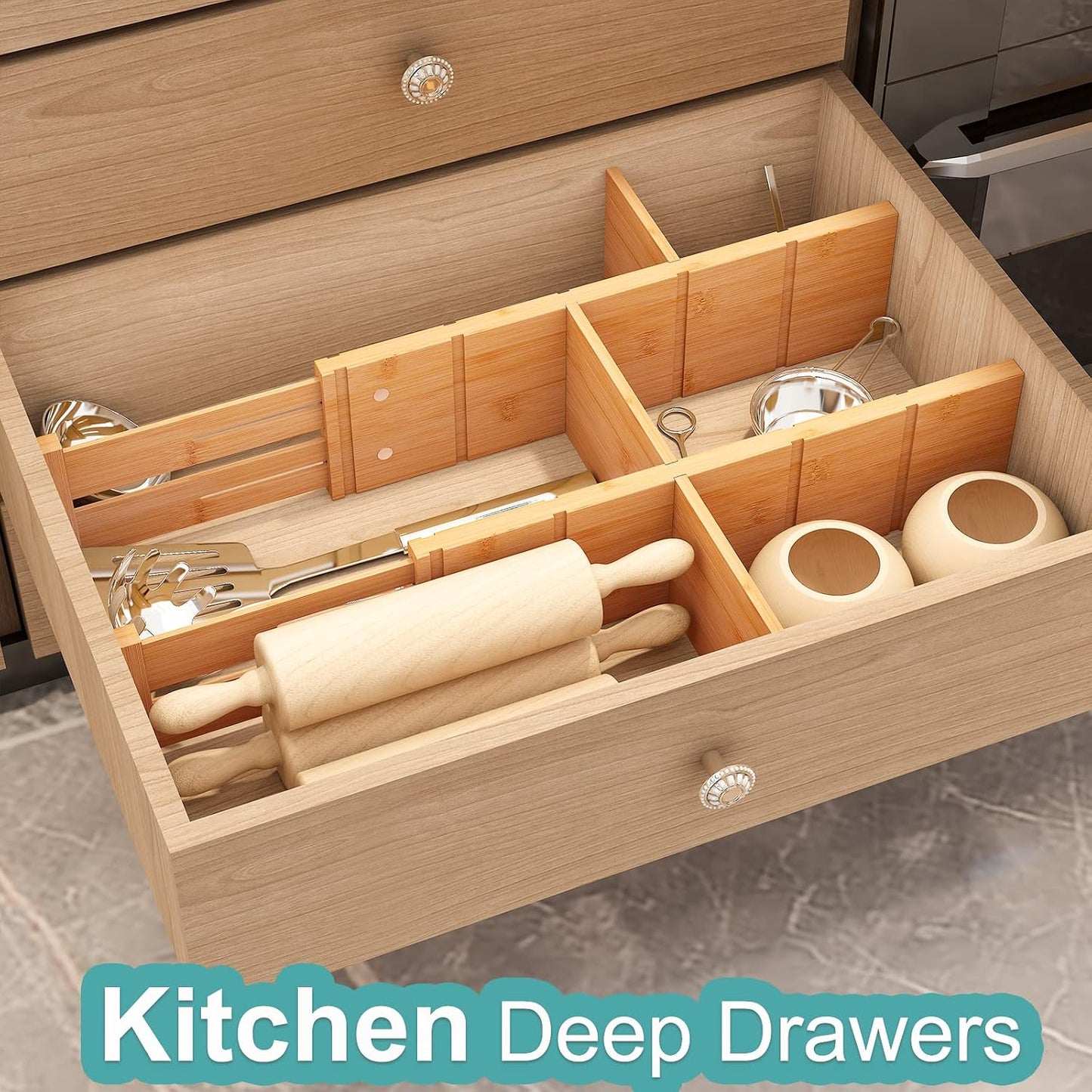 4.4" High Drawer Dividers with Inserts, Bamboo Drawer Dividers for Clothes, Expandable from 12-17.5", Adjustable drawer organizer for Bedroom, Kitchen & Office, 4 Dividers with 8 Insert.