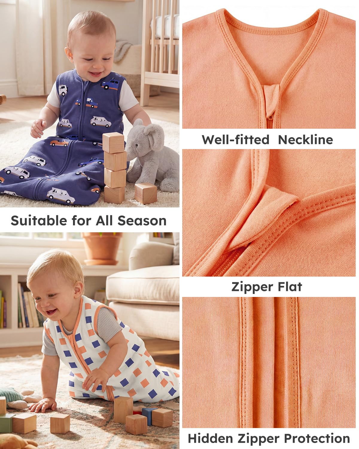 Yoofoss Baby Sleep Sack 0-6 Months Wearable Blanket for Babies 100% Organic Cotton 2-Way Zipper TOG 0.5 Toddler Sleeping Sack 3 Pack, Sleep Sacks