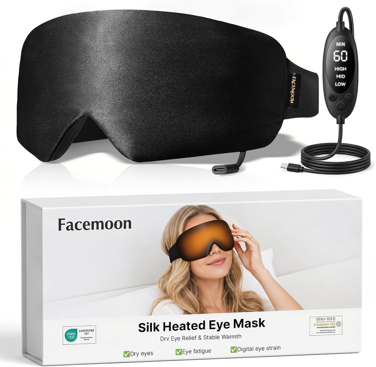 Heated Eye Mask for Dry Eyes, USB Powered Silk Warm Compress for Eyes | Electric Eye Heating Pad with 3 Heat Levels & 4 Timer, Washable Dry Eye Mask for Blepharitis, Stye, MGD, Sinus Pressure, Blue