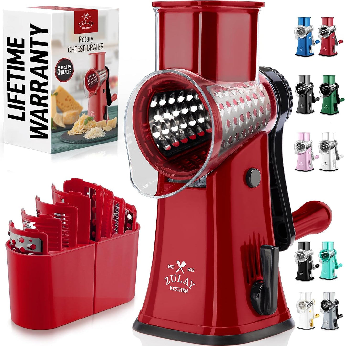 Zulay Kitchen Rotary Cheese Grater 5 Blade Cheese Shredder - Manual Hand Crank Cheese Grater With Reinforced Suction & 5 Interchangeable Drums - Easy to Use, Vegetable Chopper Round Mandoline Slicer - Colors A
