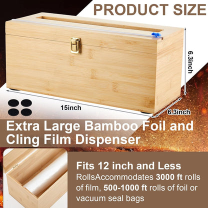 Colingmill 1 Pack 12" x 3000ft Large Plastic Wrap Dispenser with Cutter Roller Commercial Bamboo Holder for 3000ft Film 1000ft Aluminum Foil Non Slip Pad Fit Big Saran Wrap Restaurant Kitchen