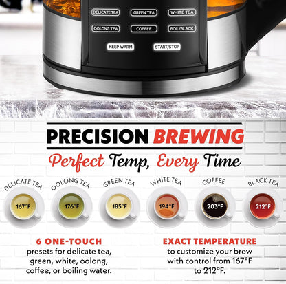 Gourmia Electric Glass Kettle – 1.7L Programmable Tea & Coffee Brewer with Digital Touch Display, 6 Presets, Removable Stainless Steel Infuser, Cordless with 360° Swivel Base, Black
