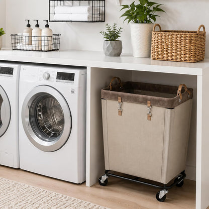 StorageWorks 160L Laundry Basket with Wheels, Rolling Hampers for Clothing | Beige Laundry Basket with Wheels, Metal Frame & Handles, Rolling Hamper for Bedroom, Bathroom, Dorm, Hotel