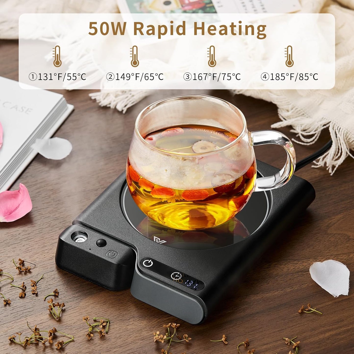 Mug Warmer with 4-Hour Auto Shut Off, 3 Temperature Settings, Frosted Black Rectangular Electric Beverage Heater, Borosilicate Glass Panel, 54-Inch Cord, Coffee Warmer for Desk, Tea Warmer