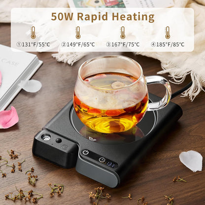 Mug Warmer with 4-Hour Auto Shut Off, 3 Temperature Settings, Frosted Black Rectangular Electric Beverage Heater, Borosilicate Glass Panel, 54-Inch Cord, Coffee Warmer for Desk, Tea Warmer