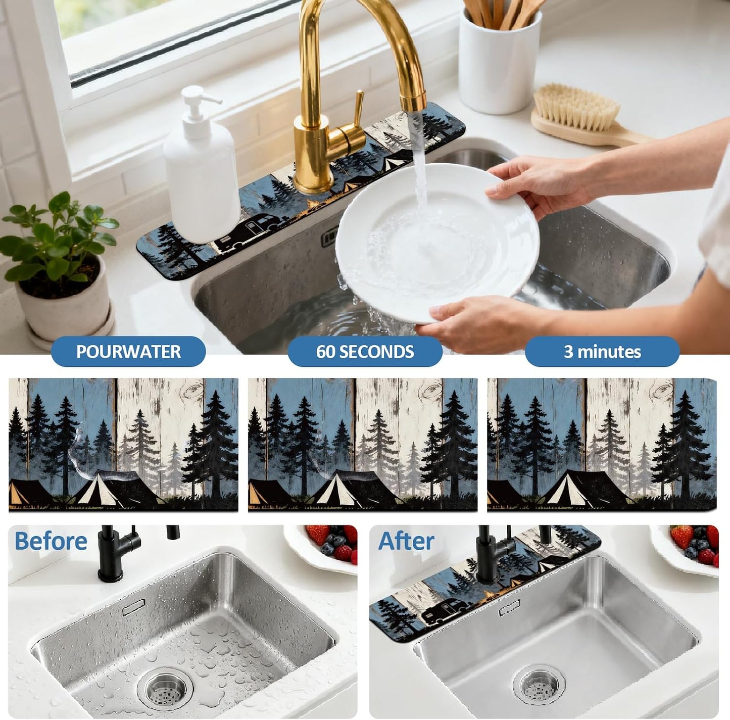 2Pcs Peonies Kitchen Sink Splash Guard Faucet Mat Vintage Florals Faucet Mat For Bathroom Kitchen 5.5x23.6In