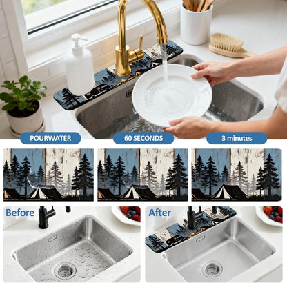 2Pcs Peonies Kitchen Sink Splash Guard Faucet Mat Vintage Florals Faucet Mat For Bathroom Kitchen 5.5x23.6In