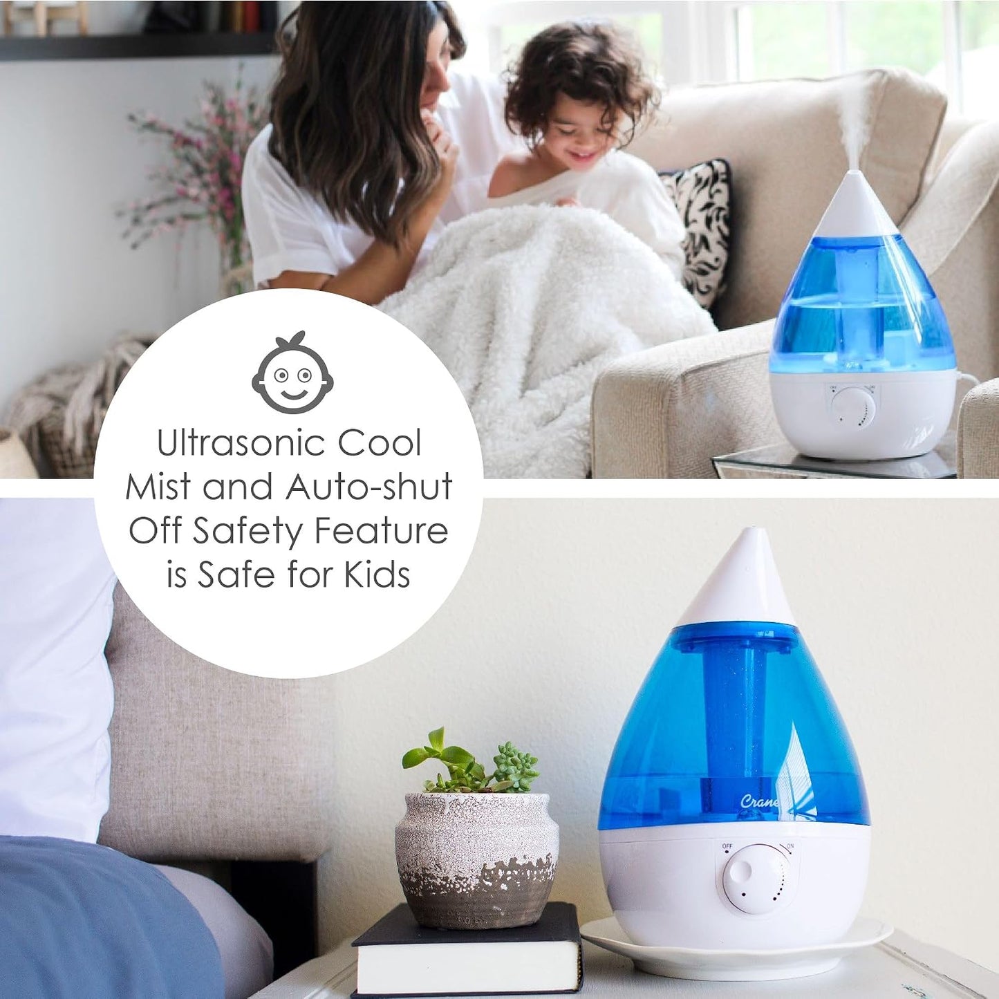 Crane Ultrasonic Cool Mist Humidifier for Bedroom, Baby Nursery, Kids Room, Plants, or Office, Large 1 Gallon Tank, Filter Optional, Blue and White