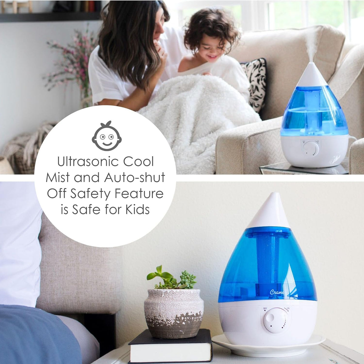 Crane Ultrasonic Cool Mist Humidifier for Bedroom, Baby Nursery, Kids Room, Plants, or Office, Large 1 Gallon Tank, Filter Optional, Blue and White