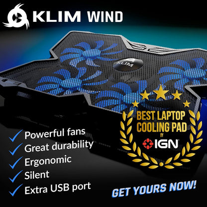 KLIM Wind Laptop Cooling Pad - More Than 500 000 Units Sold - New Version - The Most Powerful Rapid Action Cooling Fan - Laptop Stand with 4 Cooling Fans at 1200 RPM - USB Fan - PS5 PS4 - RGB