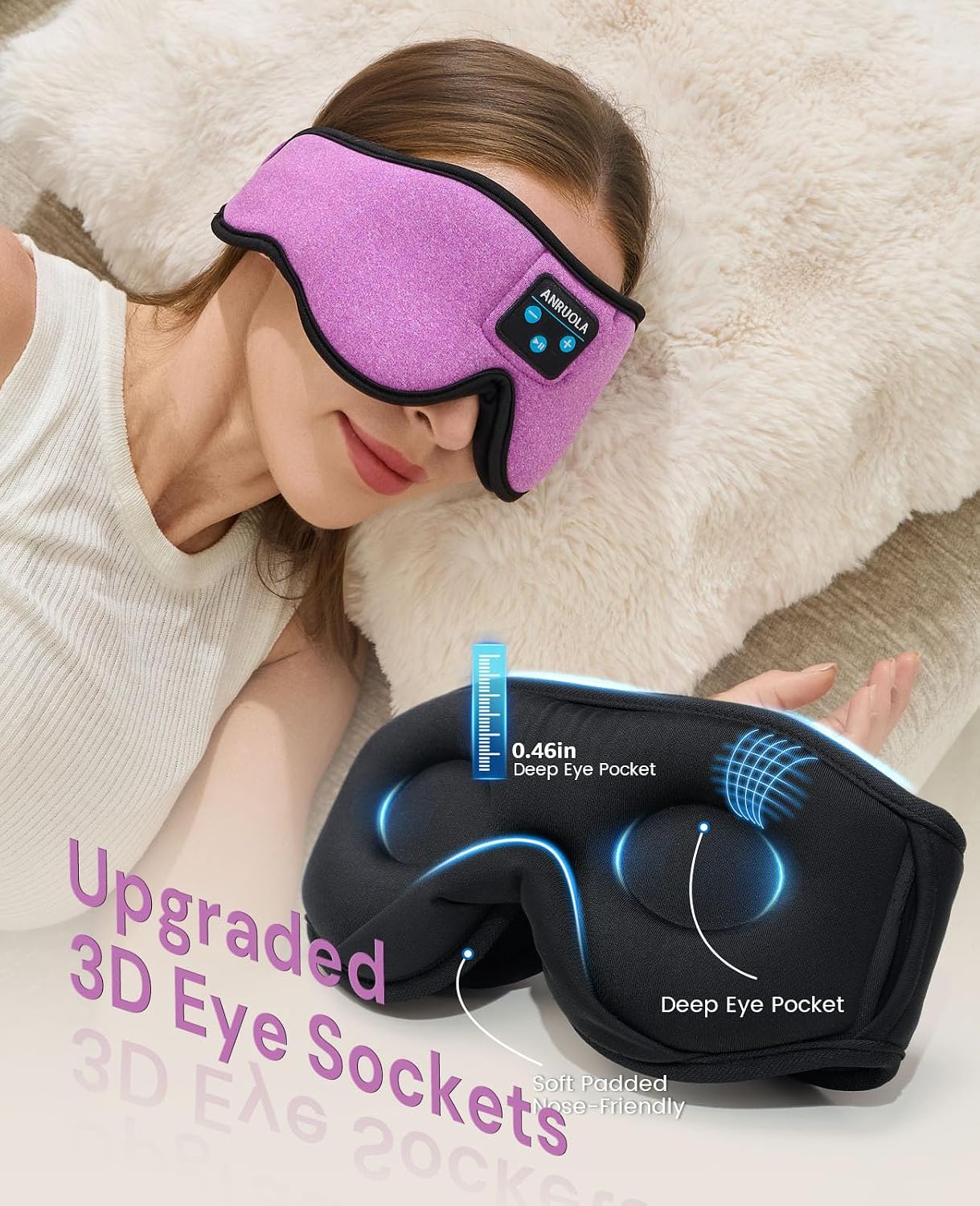 3D Sleep Mask with Bluetooth Headphones, Wireless Sleep Headphones for Side Sleepers, Noise Cancelling Eye Mask for Nap, Soft Sleeping Mask for Women Men, Blackout Sleep Mask with Built-in Speakers