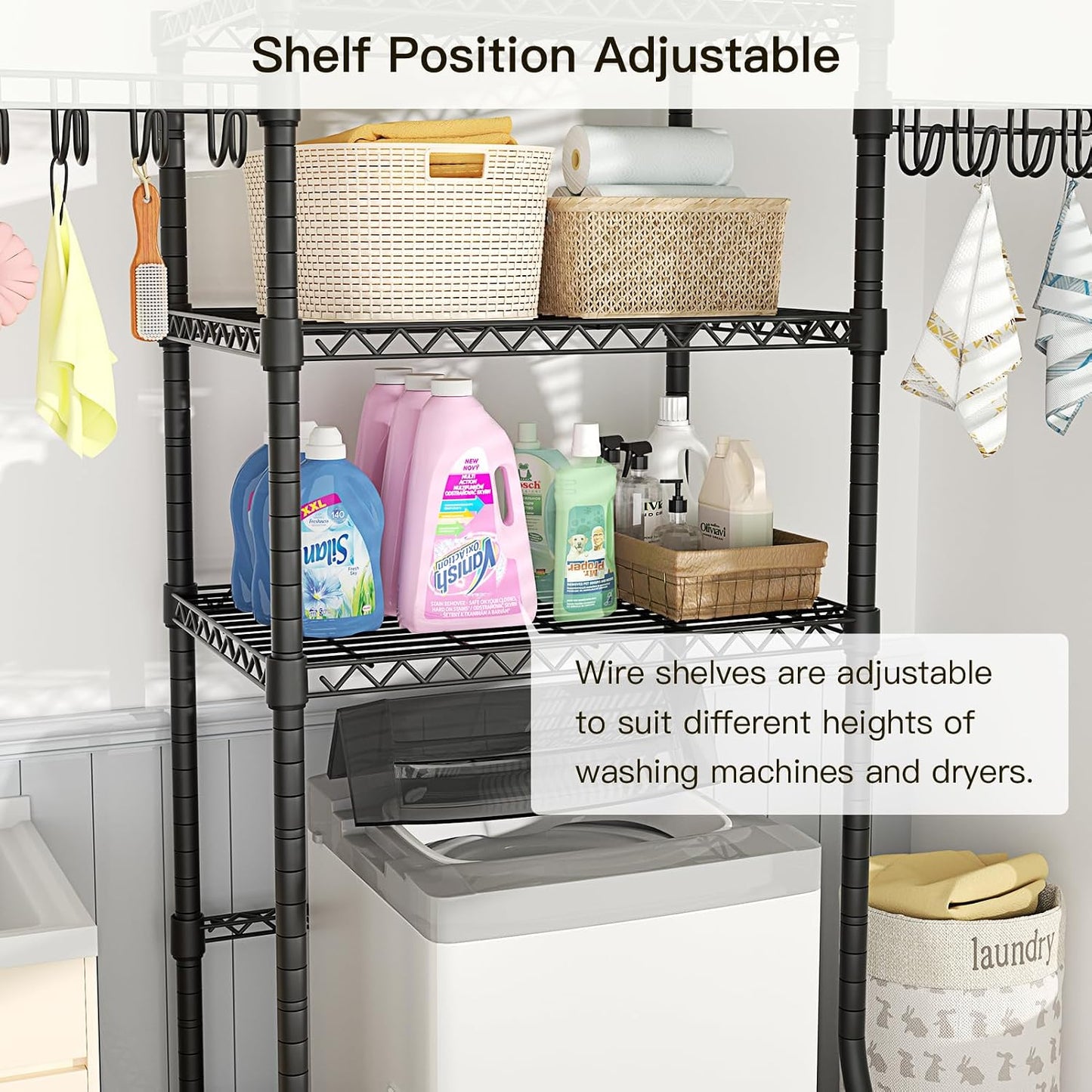 U8 Medium Laundry Room Storage Organizer, Over the Washer and Dryer Storage Shelves for Laundry Organization, 32.3”W x 17.3”D x 76.2”H, Suit Washing Machine Width within 29.9”, Hold 304 lb, Black