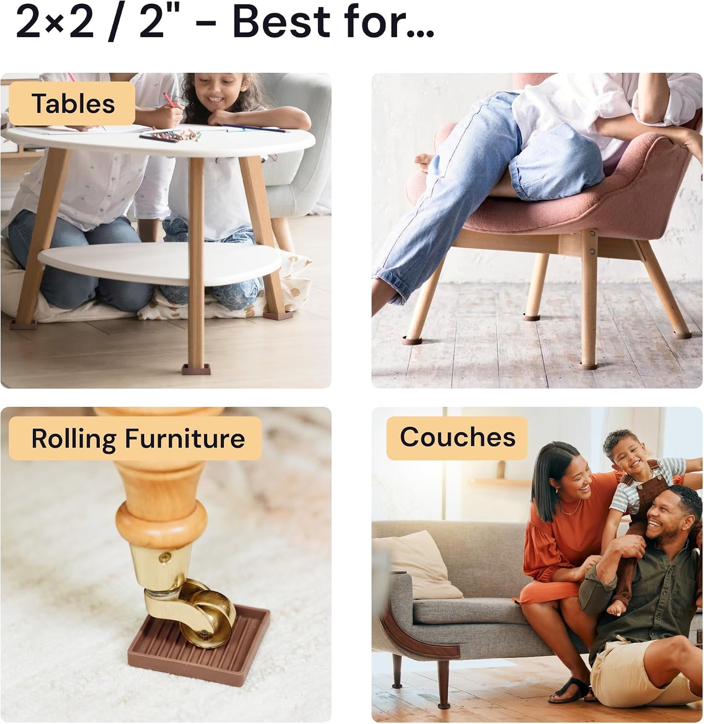 Non-Slip Furniture Pads - 4x4 in Brown, 4 Pack | Square rubber caster cups - anti-skid - Use for heavy sofas, beds & chairs on hardwood floors