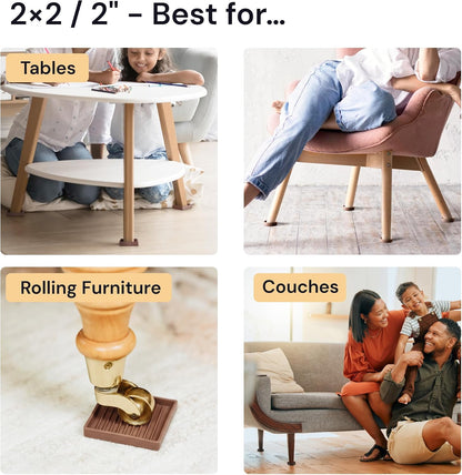 Non-Slip Furniture Pads - 4x4 in Brown, 4 Pack | Square rubber caster cups - anti-skid - Use for heavy sofas, beds & chairs on hardwood floors