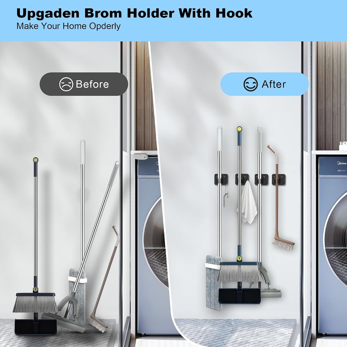 4 Pack Stainless Steel Mop and Broom Holder Wall Mount with Hook, Silver | Screw Drilling or Self Adhesive Storage Rack for Closet Laundry Garage Garden Tool Organizer
