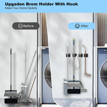 4 Pack Stainless Steel Mop and Broom Holder Wall Mount with Hook, Silver | Screw Drilling or Self Adhesive Storage Rack for Closet Laundry Garage Garden Tool Organizer