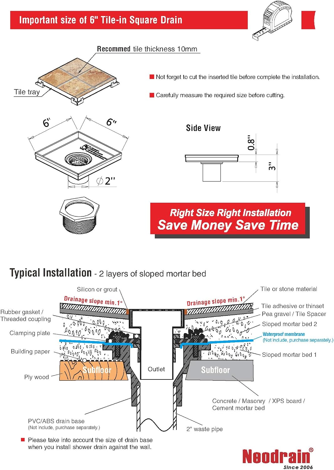 Neodrain 4" Brushed Square Shower Drain with Removable Tile Insert Grate | 304 Stainless Steel Tile Square Drain, Hidden Drain,Easy to Clean, Waterproof & Sturdy Shower Drain, CUPC Certified