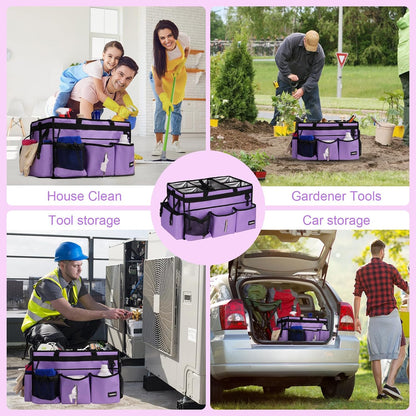Extra Large Cleaning Caddy Bag with Built-In Support Board, Cleaning Tote Organizer with Removable Divider, Supply Carryall with Adjustable Shoulder Strap and Waist Belt for Cleaners & Housekeeper