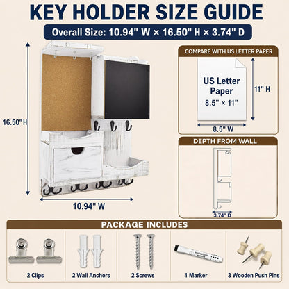 Key Holder for Wall Mount with Shelf and Mail Organizer, Key and Mail Holder with 16 Hooks, Farmhouse Entryway Organizer, Home Decor Rack (Pine Wood, White Washed)