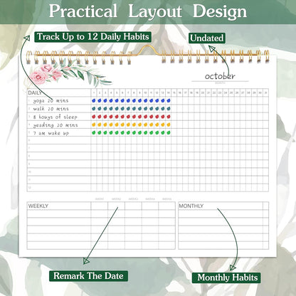 Habit Tracker Calendar- Daily, Weekly & Monthly Habit Tracker Journal | Undated, 12 Months, 7.9"x10", Writable, for Goal Setting, Boost Productivity, Workout Motivation & Self Care Tool