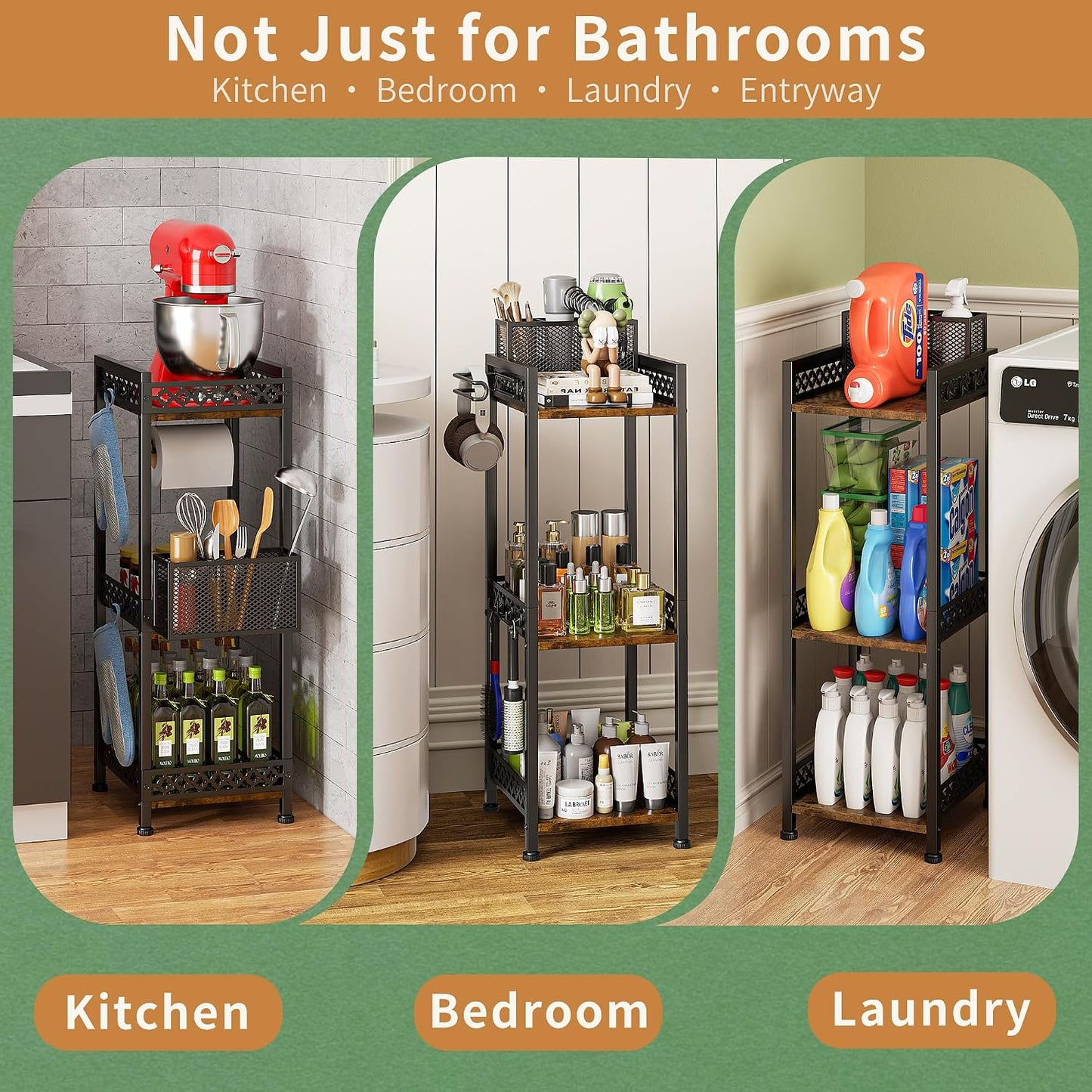 Bathroom Organizers and Storage Shelf with Toilet Paper Holder | 3-Tier freestanding 9.85″ narrow bathroom storage rack, With 3-compartment basket, hooks and non-slip feet, Rustic farmhouse