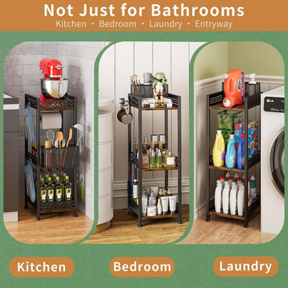 Bathroom Organizers and Storage Shelf with Toilet Paper Holder | 3-Tier freestanding 9.85″ narrow bathroom storage rack, With 3-compartment basket, hooks and non-slip feet, Rustic farmhouse