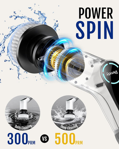 Dovety Electric Spin Scrubber, Extendable Handle, 8 Brush Heads-WH | 90-minute long runtime, Type-C fast charging, multi-scene cleaning tool for shower, bathtub, tile and bathroom scrubbing