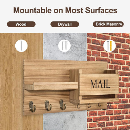 Lwenki Mail Organizer for Wall Mount – Key Holder with Shelf Includes Letter Holder and Hooks for Hallway Farmhouse Decor – Rustic Wood with Flush Mounting Hardware (16.5” x 9.1” x 3.4”) (White)