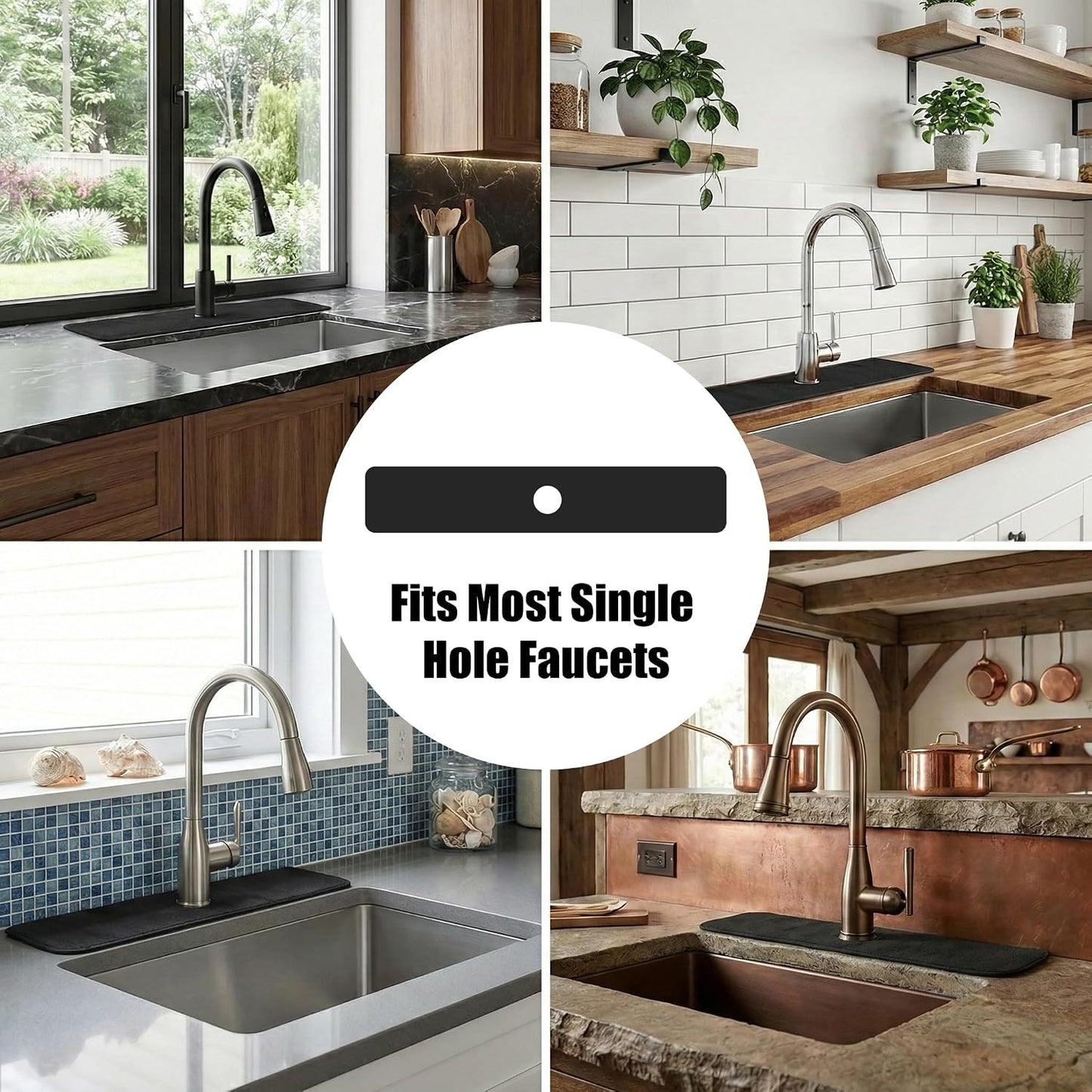33 Lx5.5 W Long Kitchen Sink Faucet Mat: Customizable Black Splash Guard with Pre-Cut Center Hole for Large Double bowl Sink, DIY to Fits irregular & 2, 3, 4 hole sinks with Soap Dispenser & Air Gap