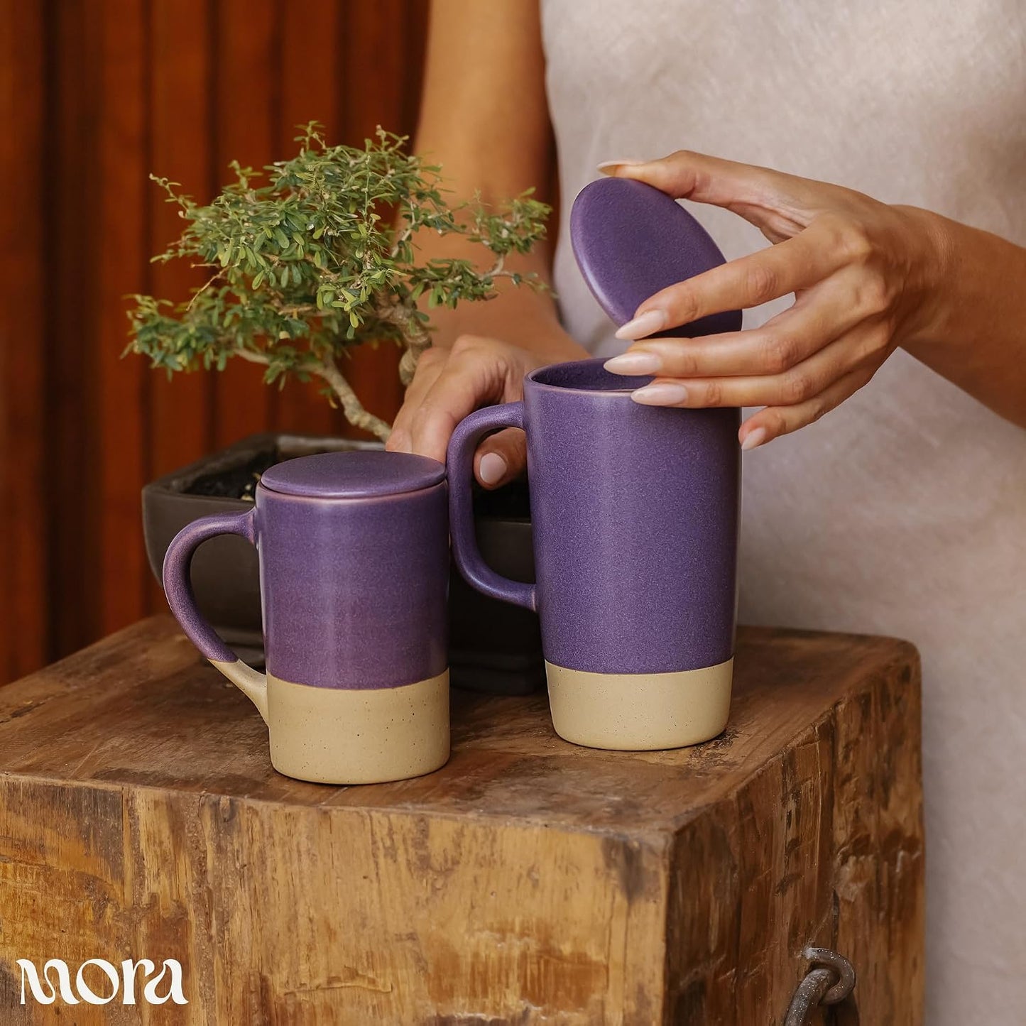 Mora Ceramics Large Tea Mug with Loose Leaf Infuser and Ceramic Lid, 18 oz, Portable, Microwave and Dishwasher Safe, Tall Coffee Cup - Rustic Matte Ceramic Glaze, Modern Herbal Tea Strainer, Olive