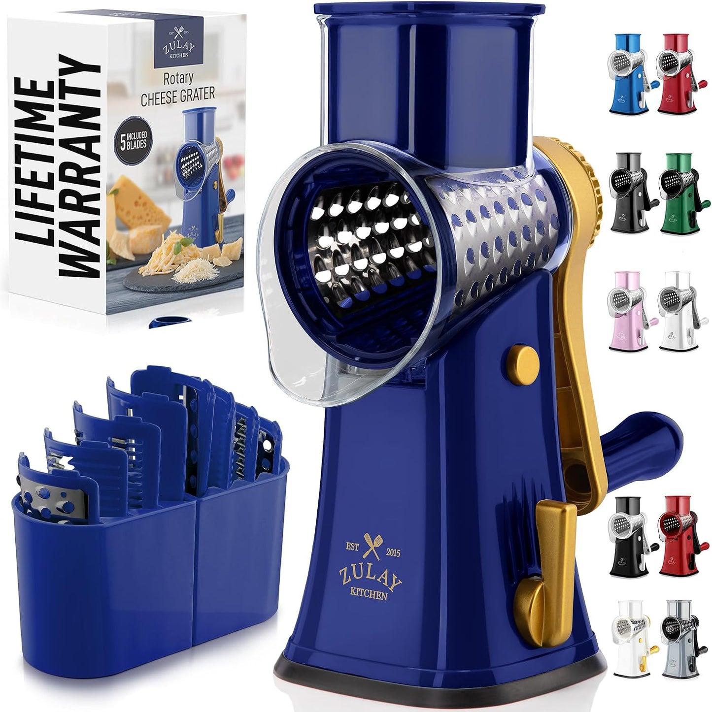 Zulay Kitchen Rotary Cheese Grater 5 Blade Cheese Shredder - Manual Hand Crank Cheese Grater With Reinforced Suction & 5 Interchangeable Drums - Easy to Use, Vegetable Chopper Round Mandoline Slicer - Colors A
